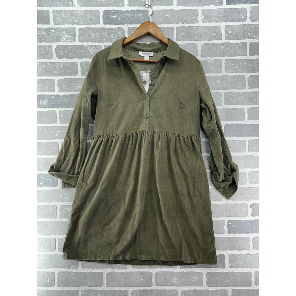 Nine West Jeans Olive Green Corduroy Babydoll Shirt Dress SDNWW3078-GRF Medium